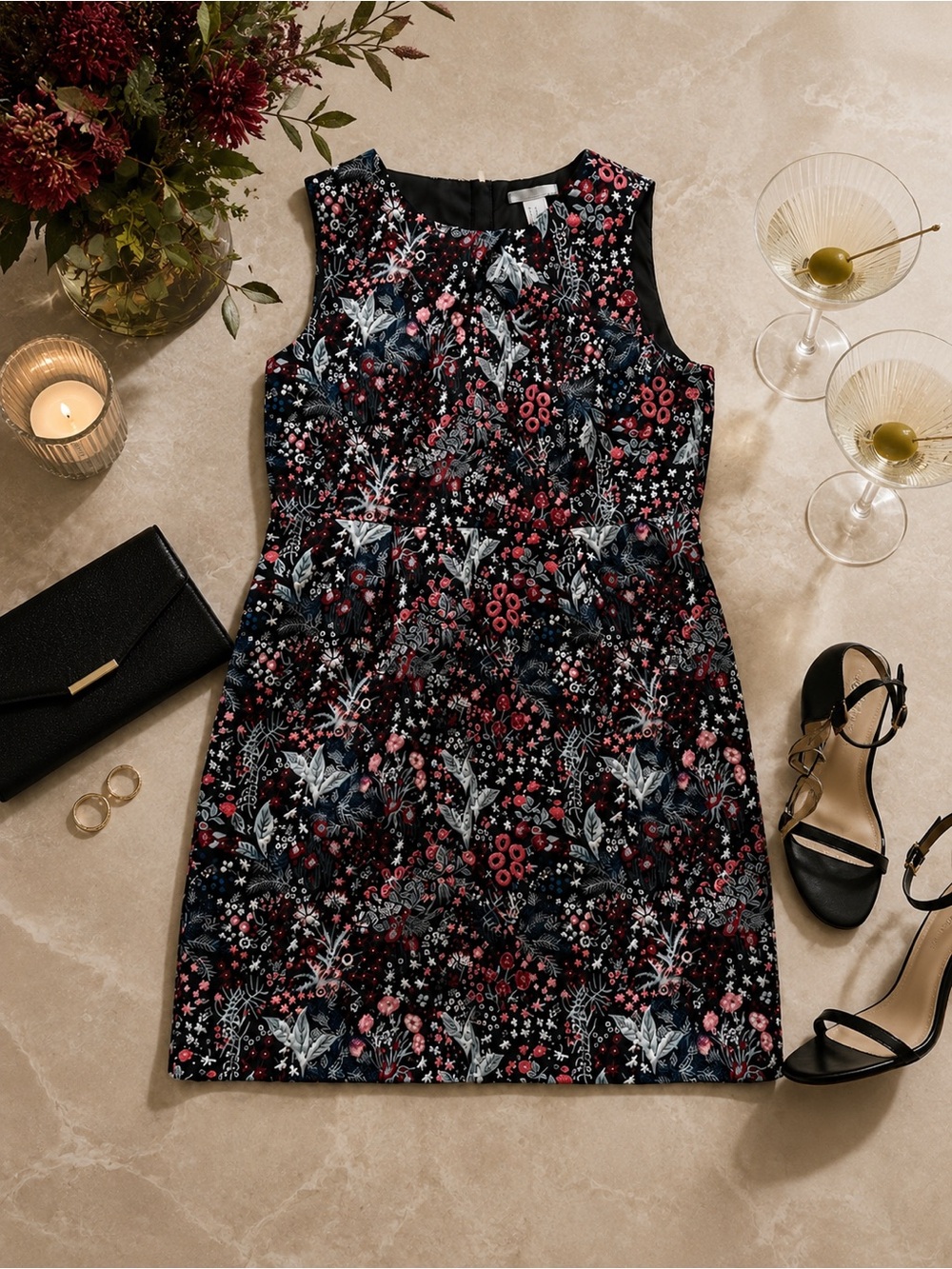 H&M Black Mini Dress with Pink & Blue Floral Jacquard - Picture 1 of 9